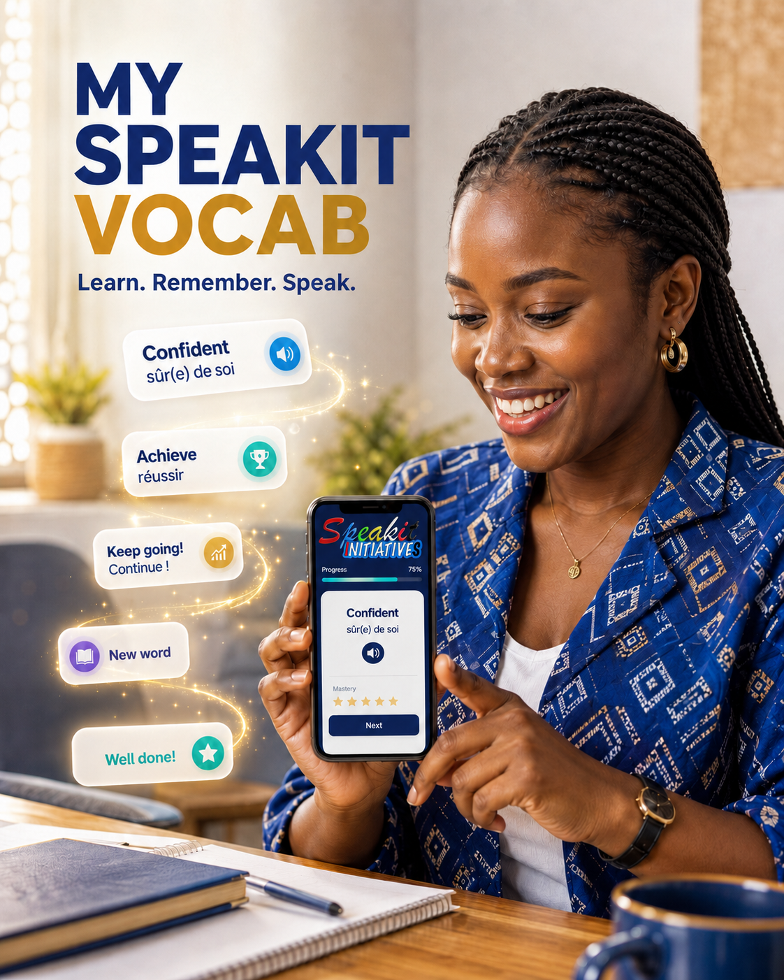 Apprenante utilisant Speakit Vocab sur son téléphone : mots anglais avec traduction française, audio et progression